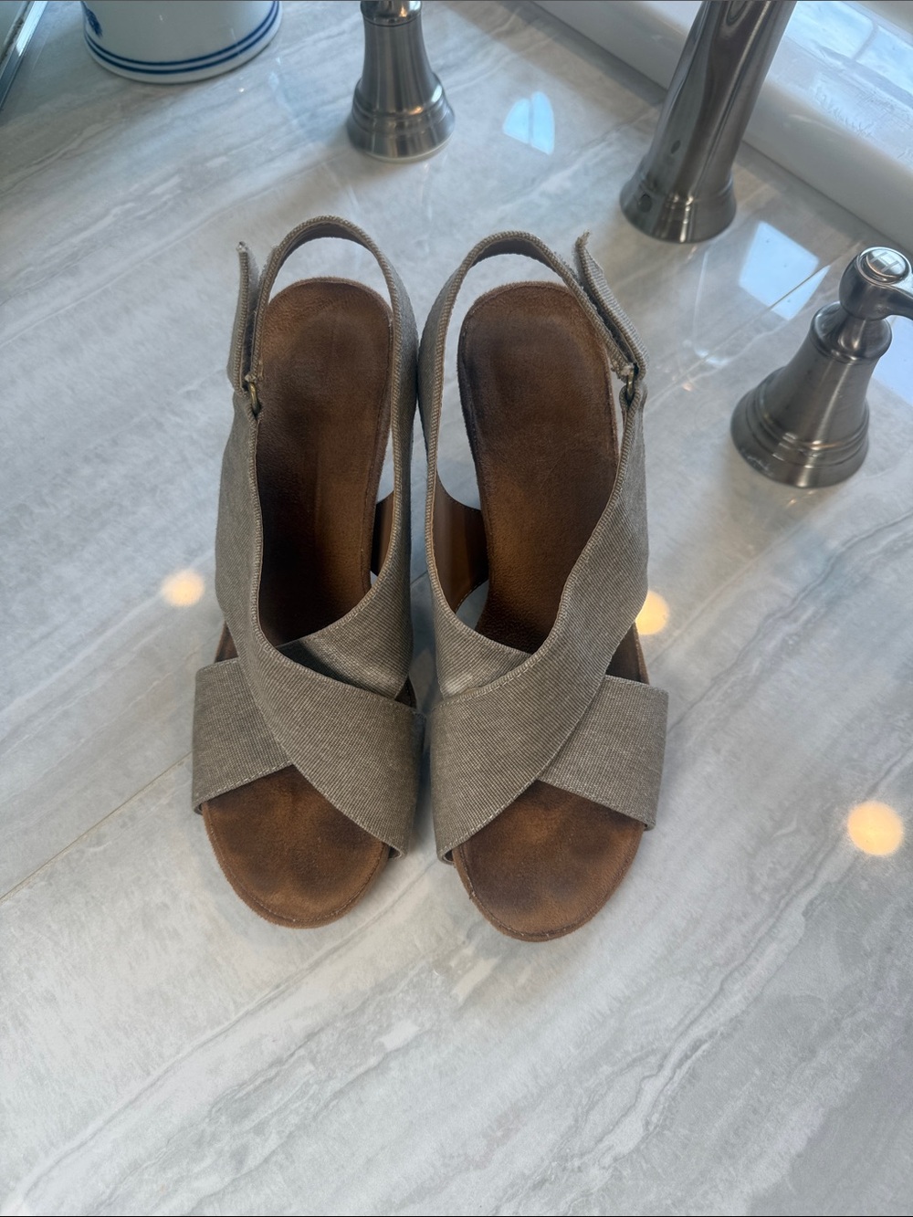 AEROSOLES Taupe Linen Crisscross Slingback Wedge Sandals - Picture 3 of 5